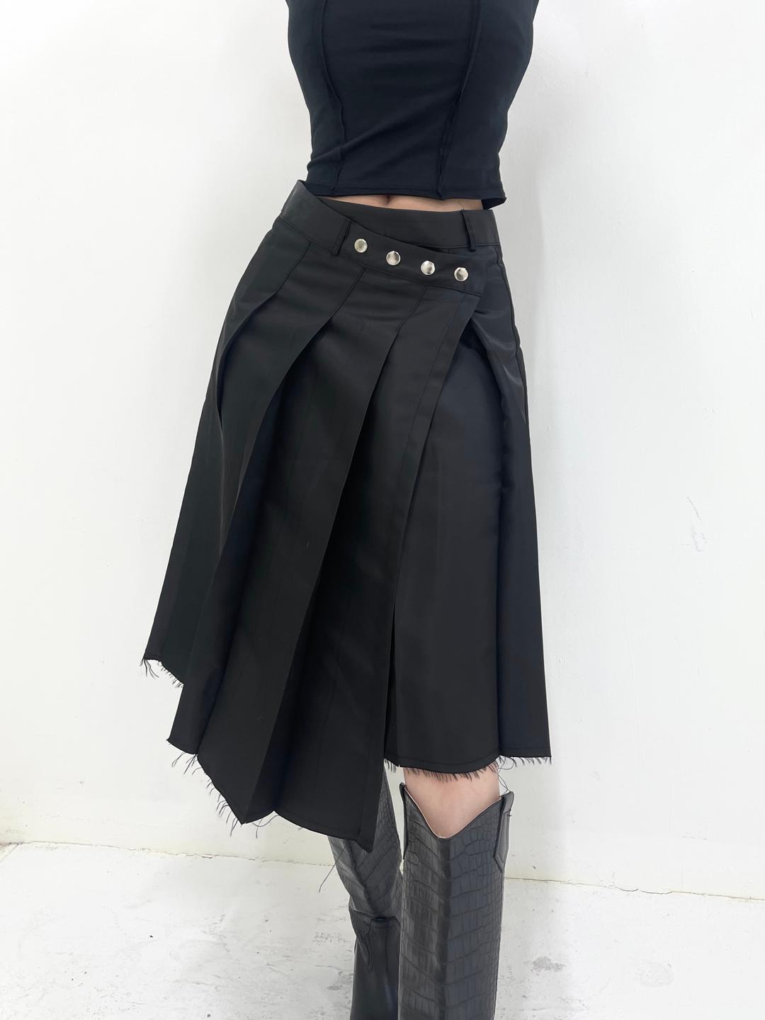 1220. Silver snap button wrap pleats long sk (2color)