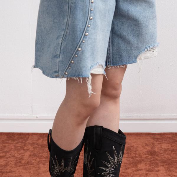 Embroidered Western Middle Boots (Black/7cm)
