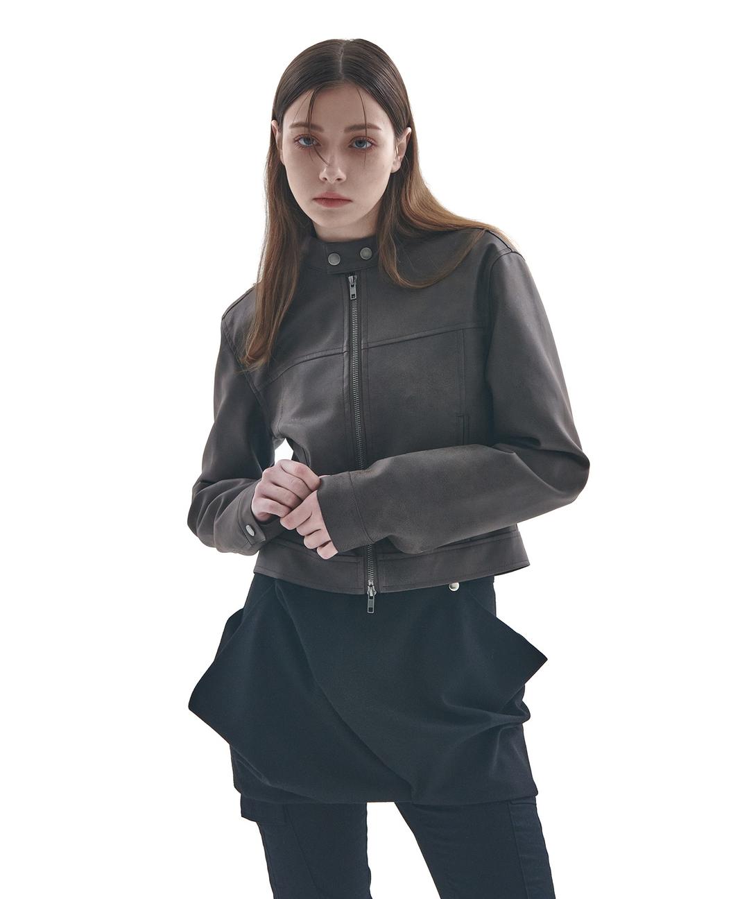 Slim Line Neck Button Two-Way Racing Leather Jacket Jumper [Brown]