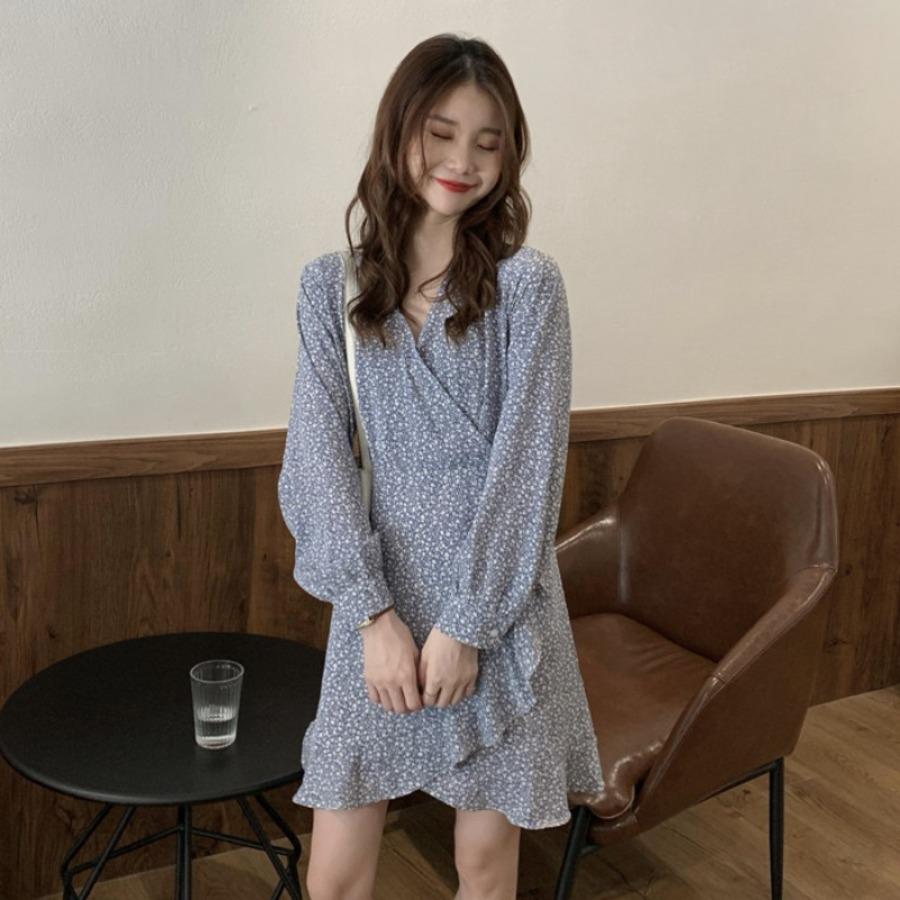 안개꽃 플라워 패턴 브이넥 랩스타일 미니 미디 원피스 긴팔 쉬폰 물결