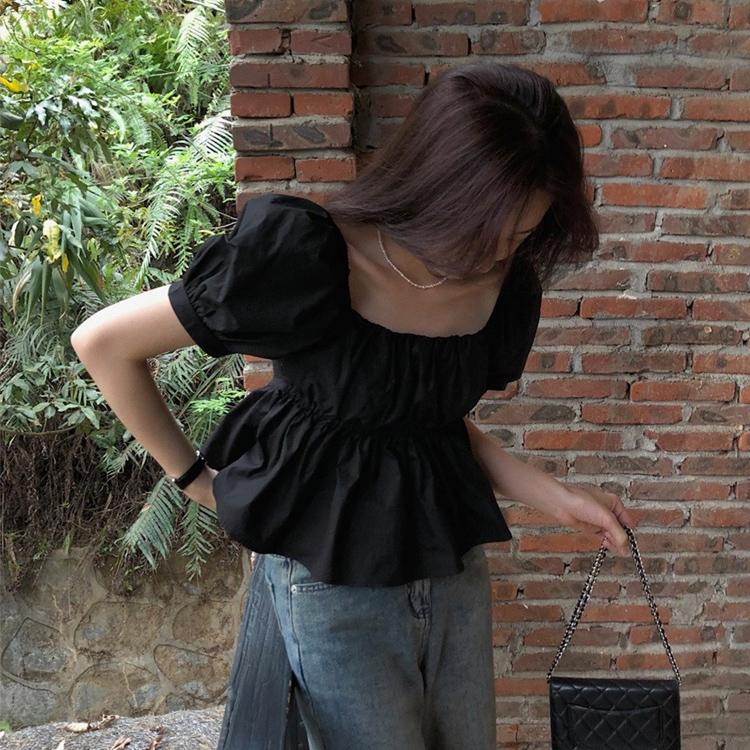 (당일출고/하객룩) 반팔 오프숄더 스퀘어넥 퍼프 셔링 A라인 페플럼 플레어 크롭 블라우스 셔츠 2color_BL5005