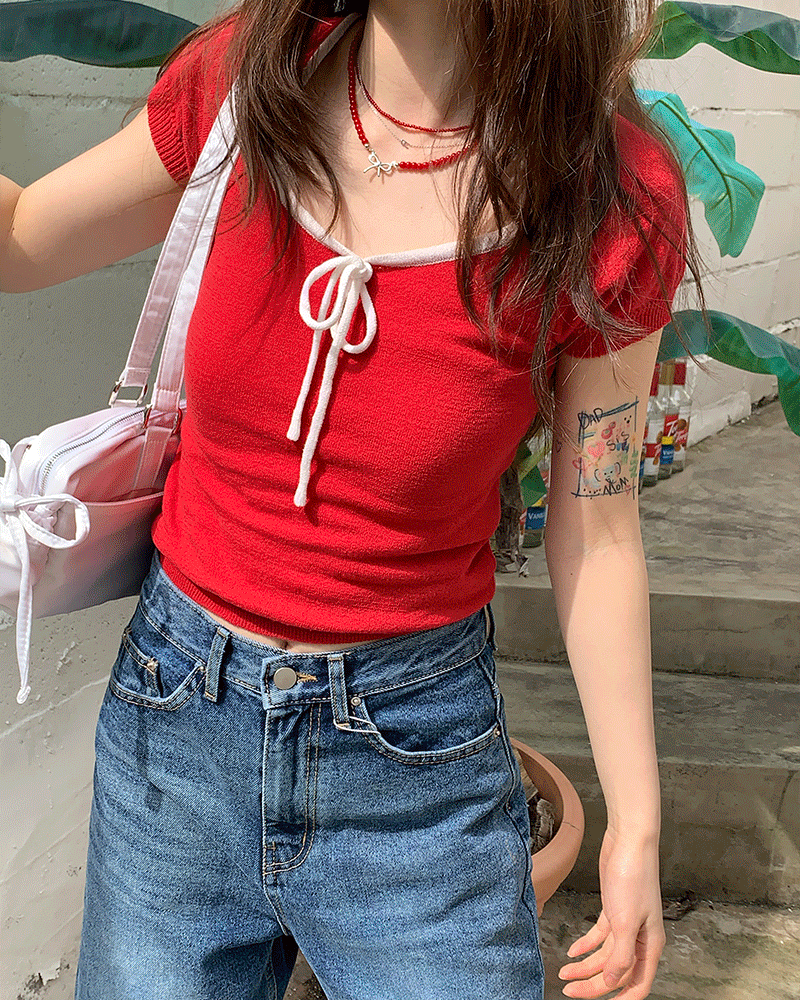 헤이글 리본 배색 반팔 니트(3color)