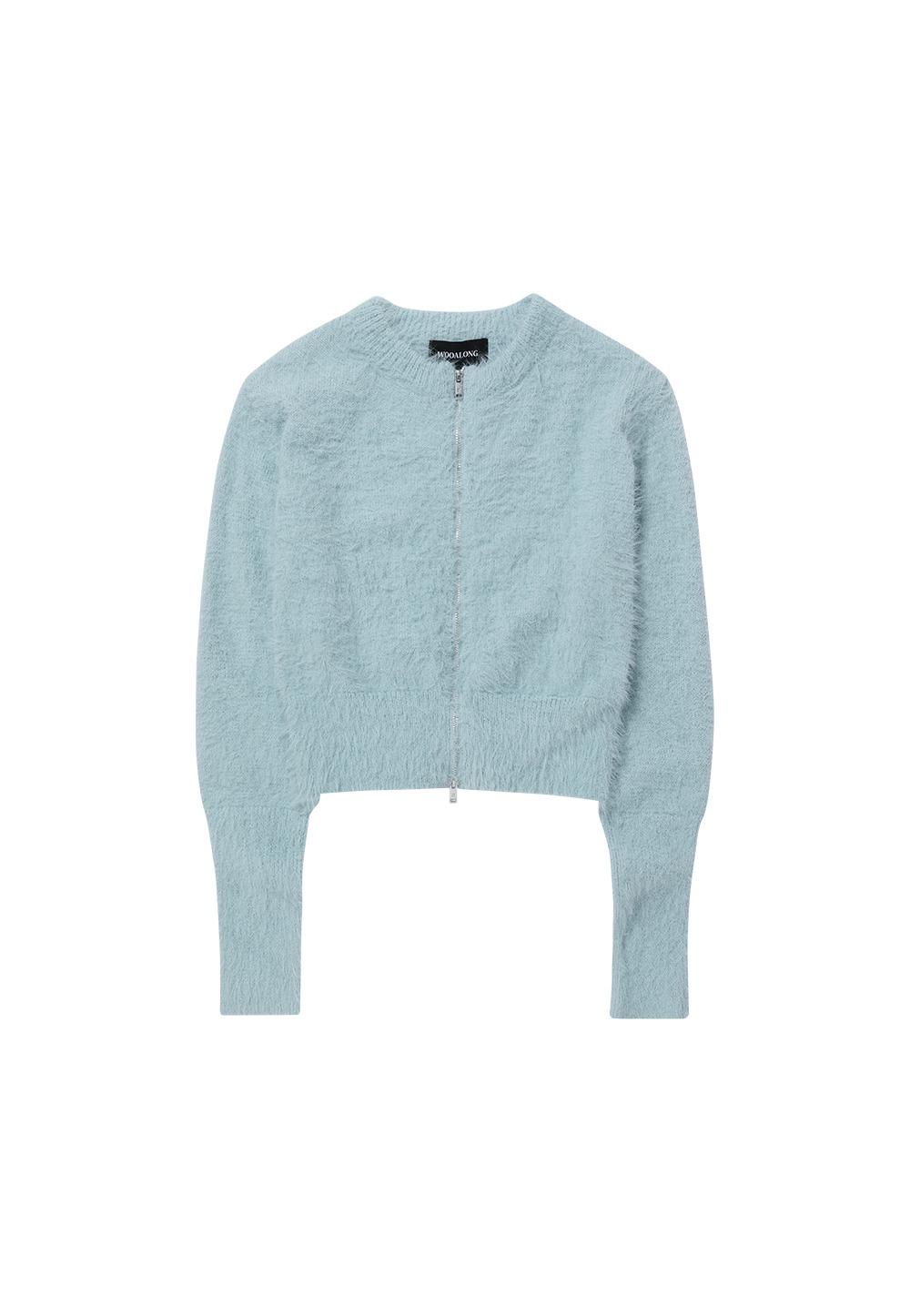 Hairy knit zip-up cardigan - SKY BLUE