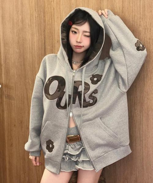 OURS 카모 플라워 아플리케 후드집업 메란지