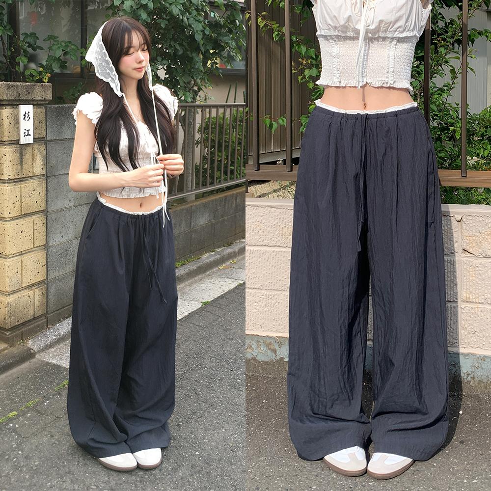 자스민벨 [저퀄 유사품 주의/핏,퀄보장] 히릿 바스락 나일론 배색 원핀턱 밴딩 와이드 롱 팬츠 바지 하이웨스트 로우웨스트 꾸안꾸 캐주얼룩 데일리룩 체형커버 하체커버 하비추천