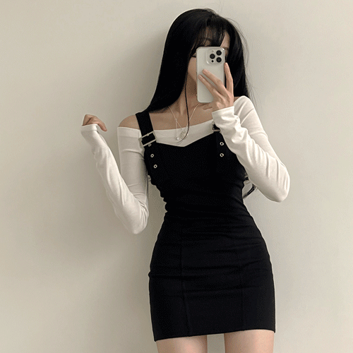 [남심저격/쫀쫀,착붙핏!] 몸매 예뻐보이는, 버클 멜빵 뷔스티에 슬림 미니원피스 (2color)