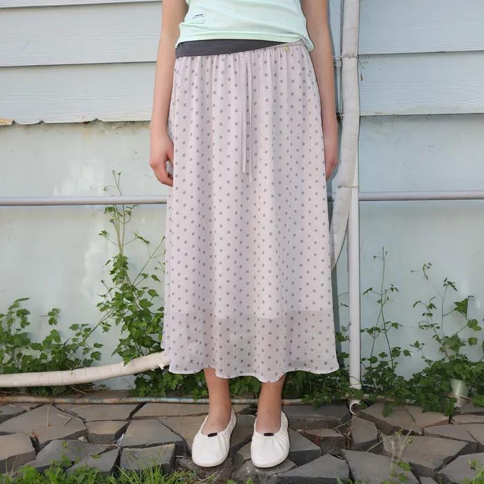 SHEER PATTERN STRING LONG SKIRT DOT GREY