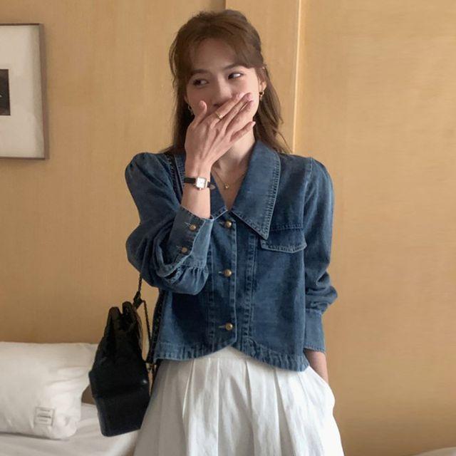 [자켓,블라우스 혼용]소매벌룬 쓰리버튼 데님 블라우스