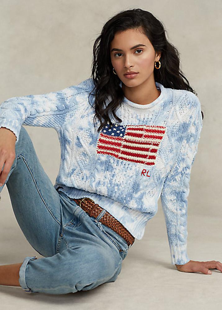 폴로 랄프로렌 여성 플래그 타이다이 아란 니트 스웨터 티셔츠