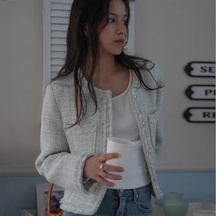 Fringe Trimming Tweed Jacket [Mixed Ivory]