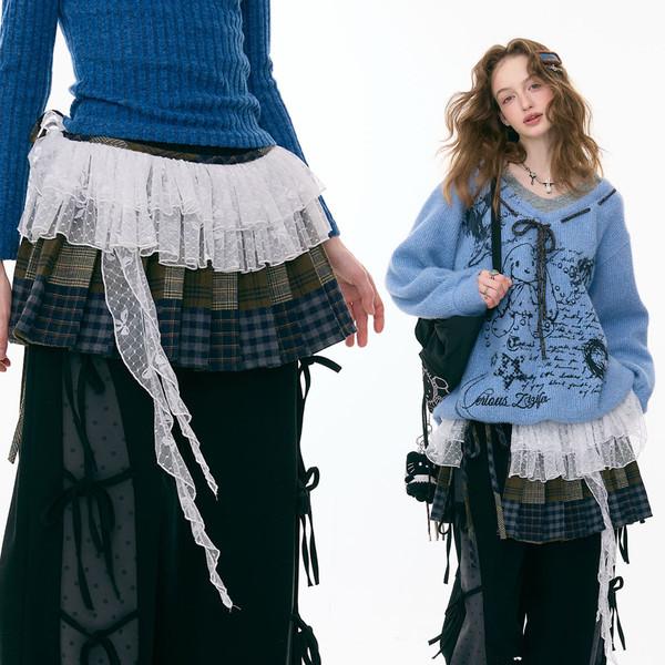 Lace Layered Check Skirt