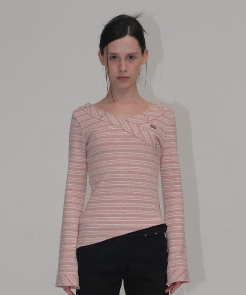 STRIPE V NECK T-SHIRT [PINK]