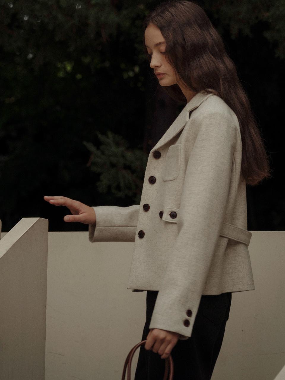 Belted button point wool jacket_Oat beige