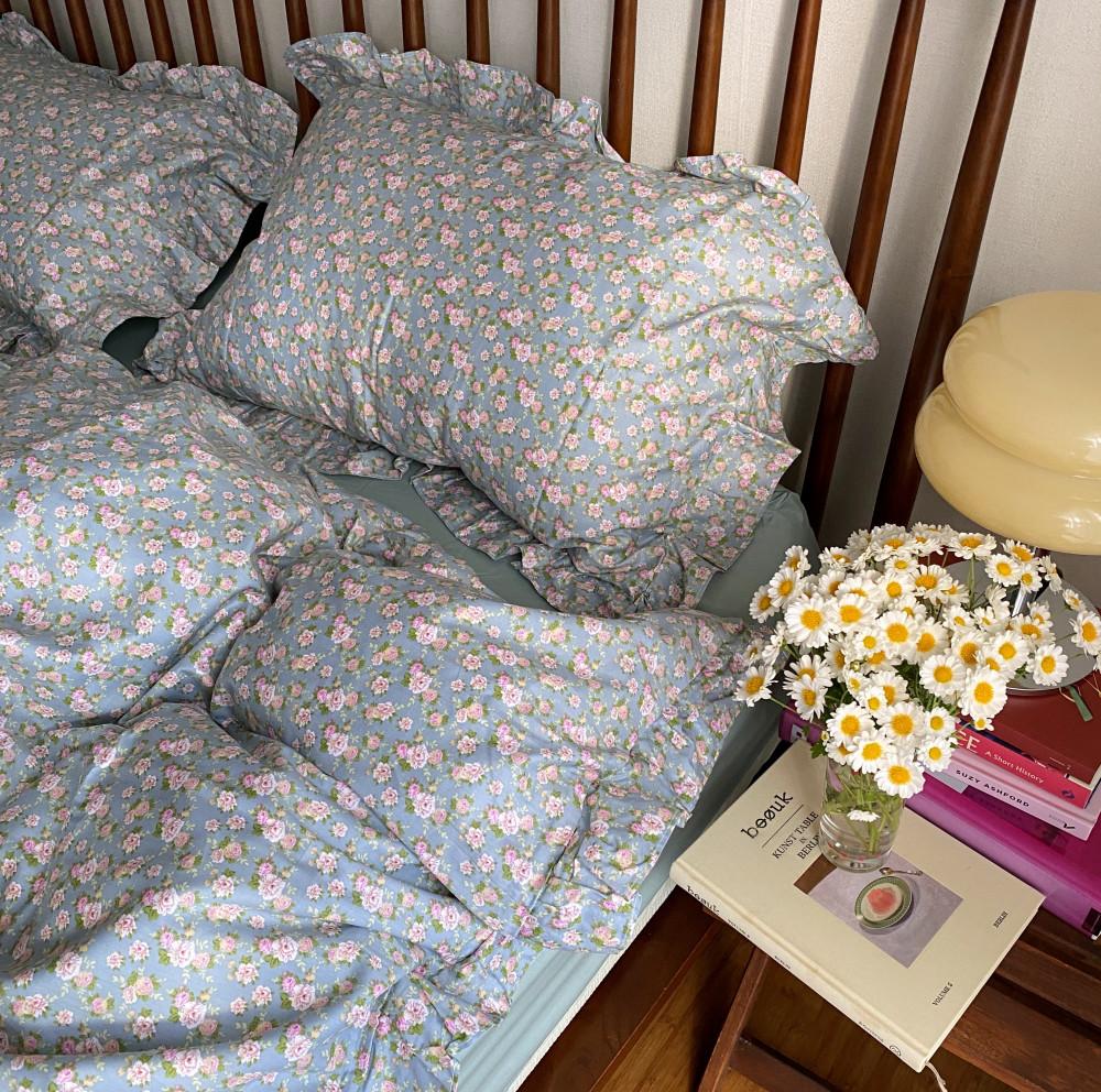 빈티지 꽃무늬 이불 커버 세트/ 하늘색 장미 꽃이불 플라워 바스락 순면 침구 S/SS