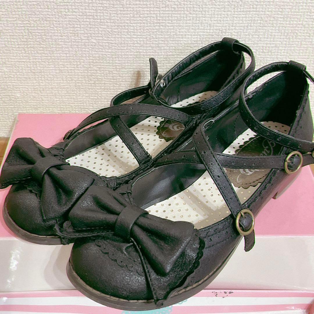 퀸비로퍼　리본부착 로리타슈즈흑로리감로리고스로리좋아하시는분께