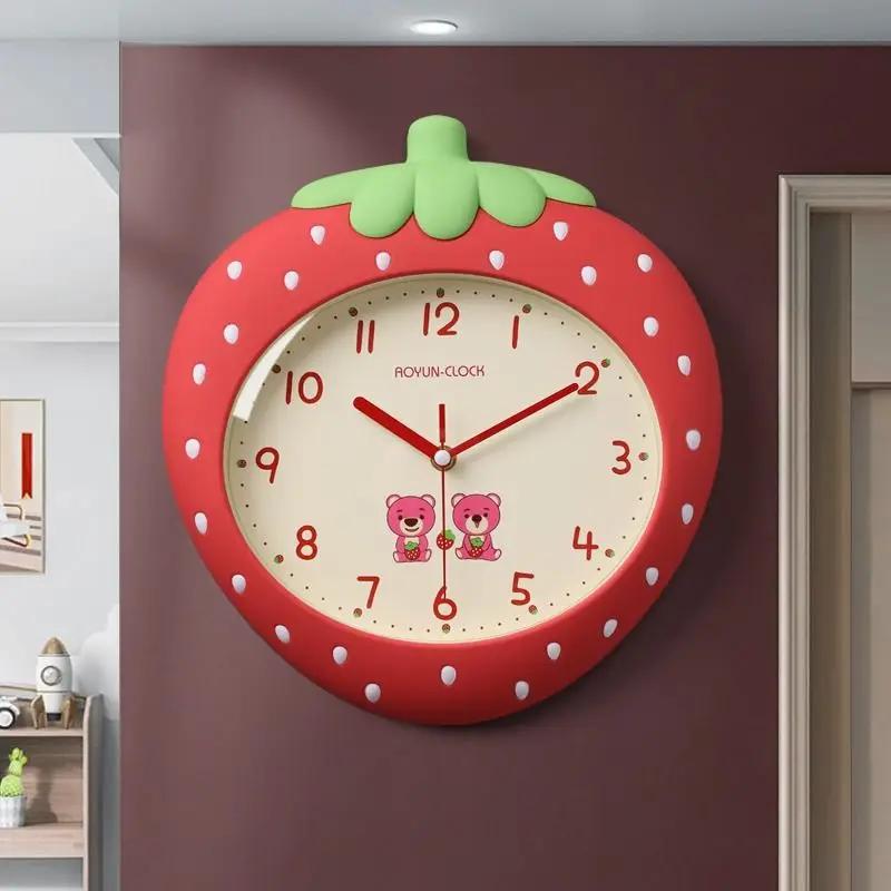 딸기 만화 벽시계, 어린이 크리에이티브 벽시계, 홈 거실 침실, 12 인치 시계, 펀치 프리 벽걸이
