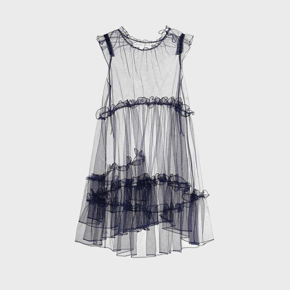 MESH RIBBON RUFFLE DRESS (NAVY)