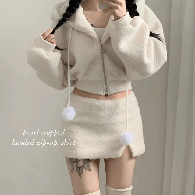 *왕따뜻/단품가능* 윈터 펄 털방울 뽀글이 크롭 후드집업 + 스커트 set