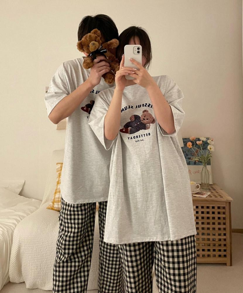 달링 곰돌이 빅사이즈 커플 반팔 티셔츠 순면 롱 박스티