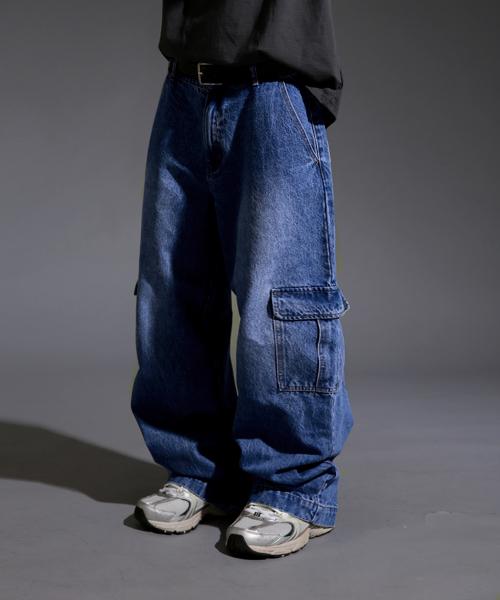 원턱 카고 와이드워싱 데님팬츠 [블루]