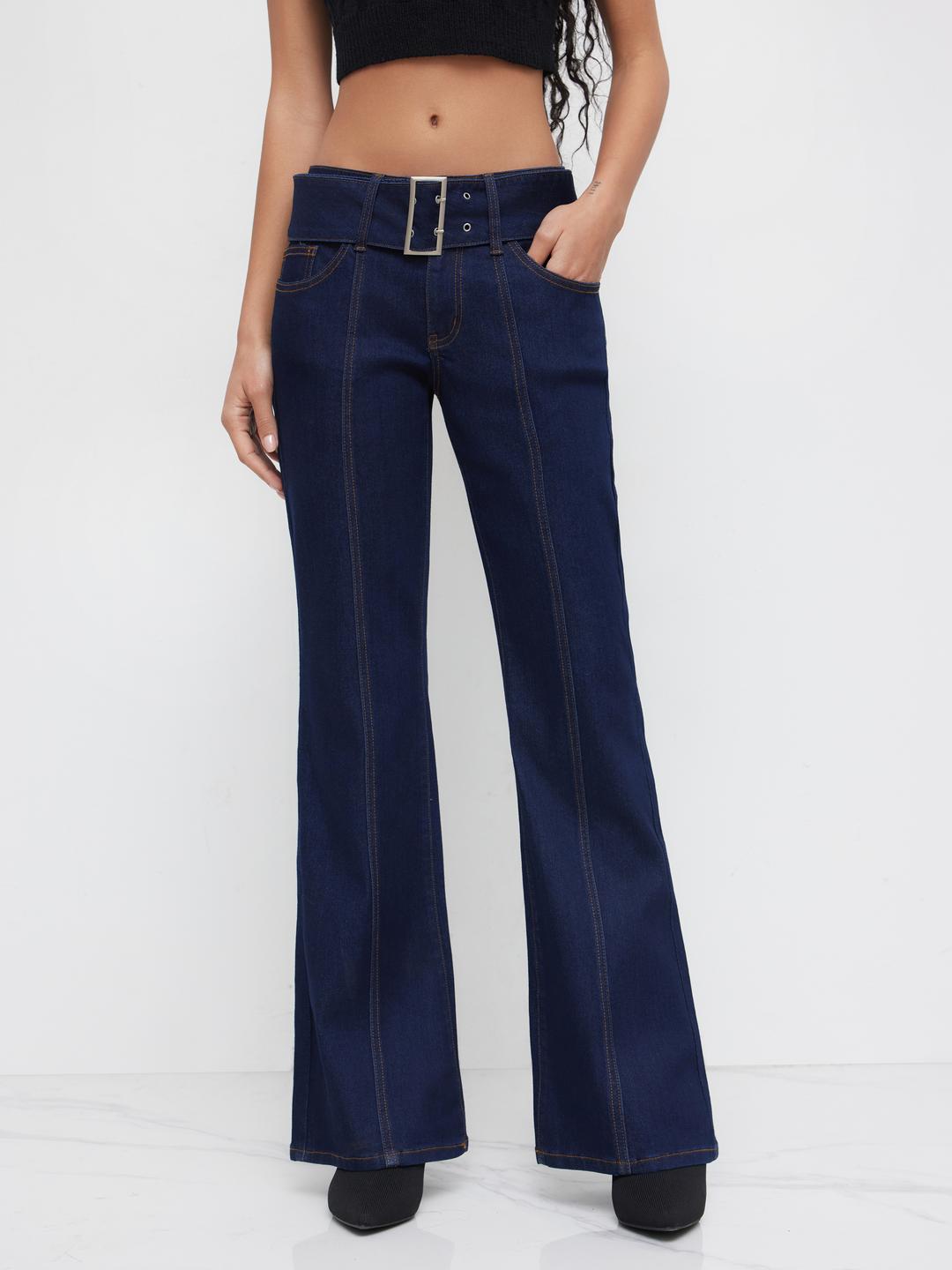 Denim High Stretch Low Rise Bootcut Jeans With Belt