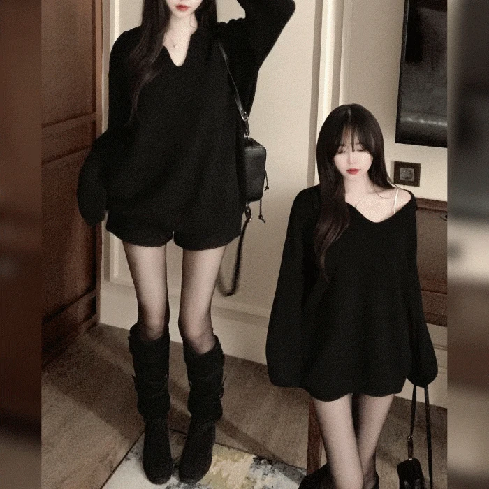 [ 은근한 여리핏 ] 울니트 카라넥 오픈숄더 오버핏 루즈핏 롱니트 미니원피스st.