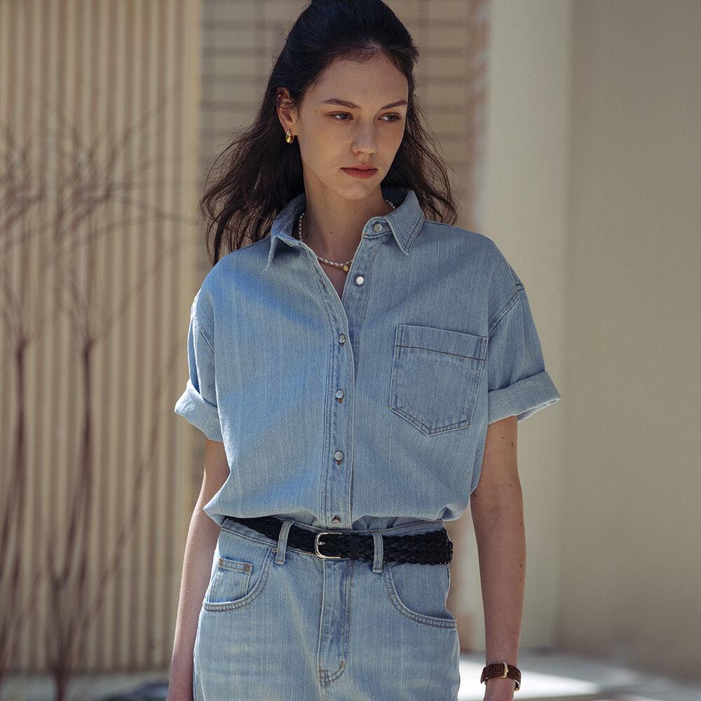 [예약배송]Denim button point half shirt_Light blue