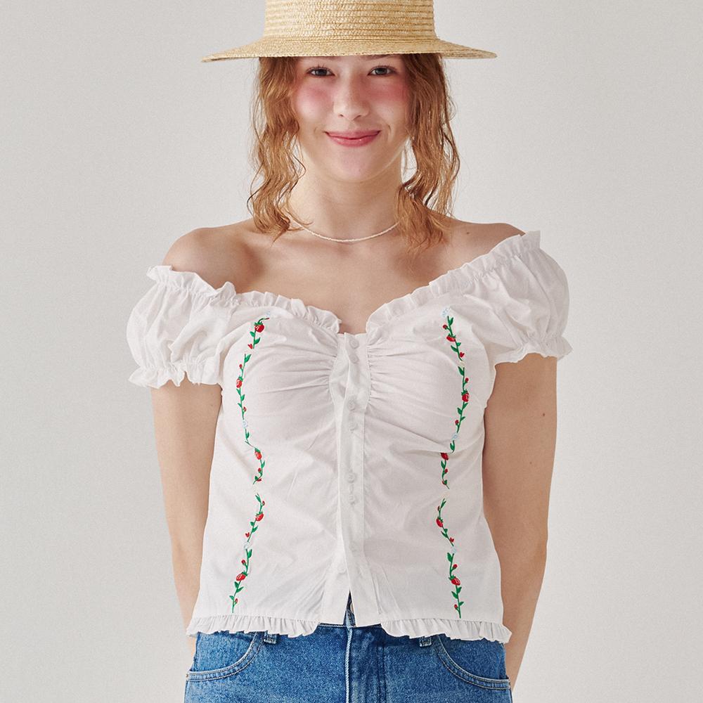 RASPBERRY EMBROIDERY FRILL BLOUSE WHITE