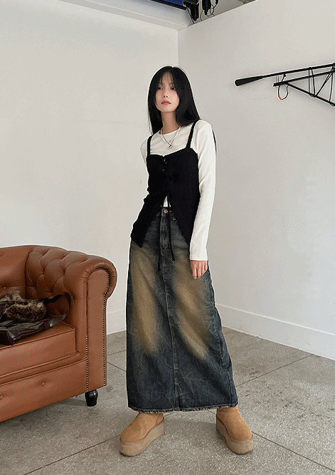 Y2K 크랙 워싱 롱 데님 스커트