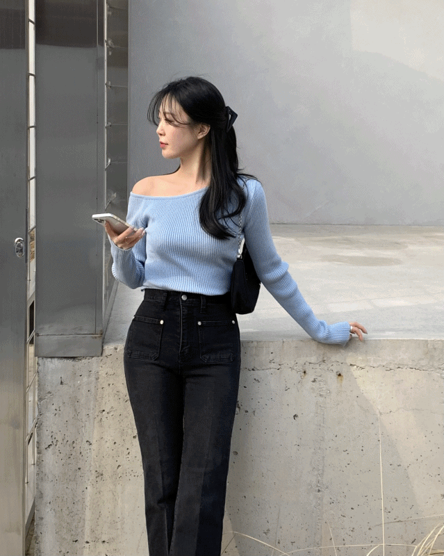 엘런 원오프숄더 슬림핏 골지 니트 (4 color)