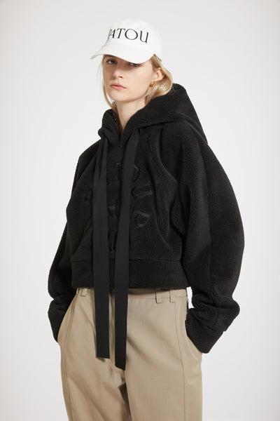 재생 폴리에스터 소재의 인조 쉬어링 메달리온 후디 - Black - XS