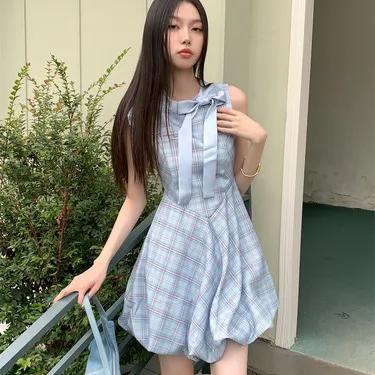 체크 벌룬 프릴 나시 리본 호박 데일리 복고 미니 원피스