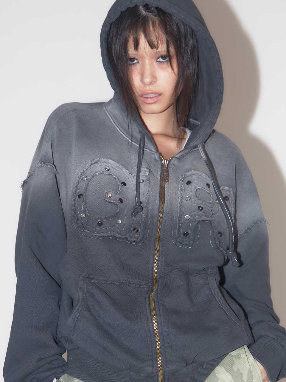 GEM STONE WASHED HOODIE ZIP UP CHARCOAL