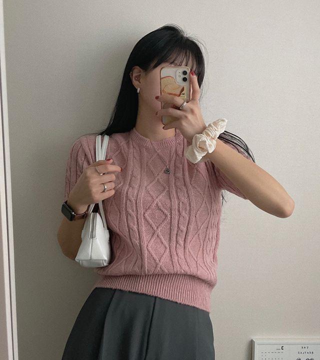 [물감 한방울/6color] 엔티크 꽈배기 라운드 반팔니트_몽그라미_2