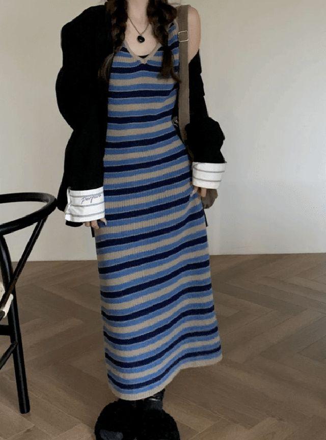 스트라이프 니트 나시 롱 원피스
