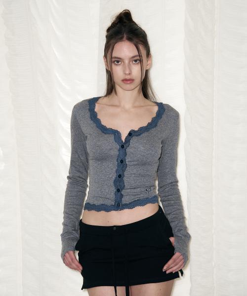 Mila Lace Long Sleeve Top (Melange Charcoal)