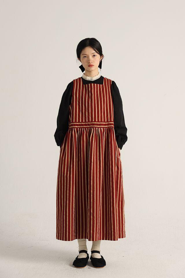 DOUWUZHIYI 프렌치 스트라이프 원피스 (레드)