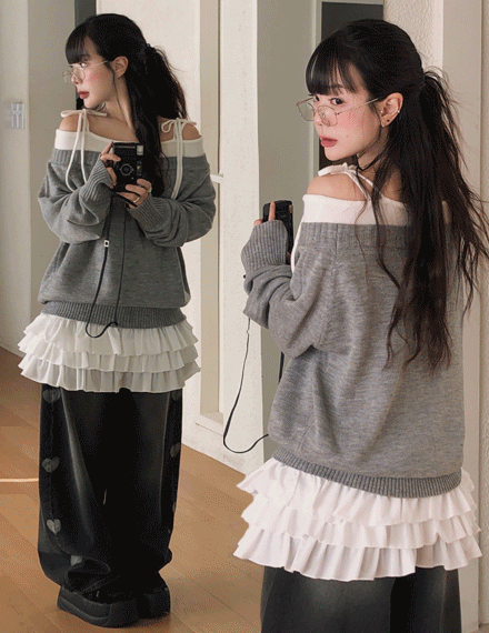 빈블 [포인트템/배색/오프숄더]  @vinvle made,모라브 오프숄더 나시 리본 니트