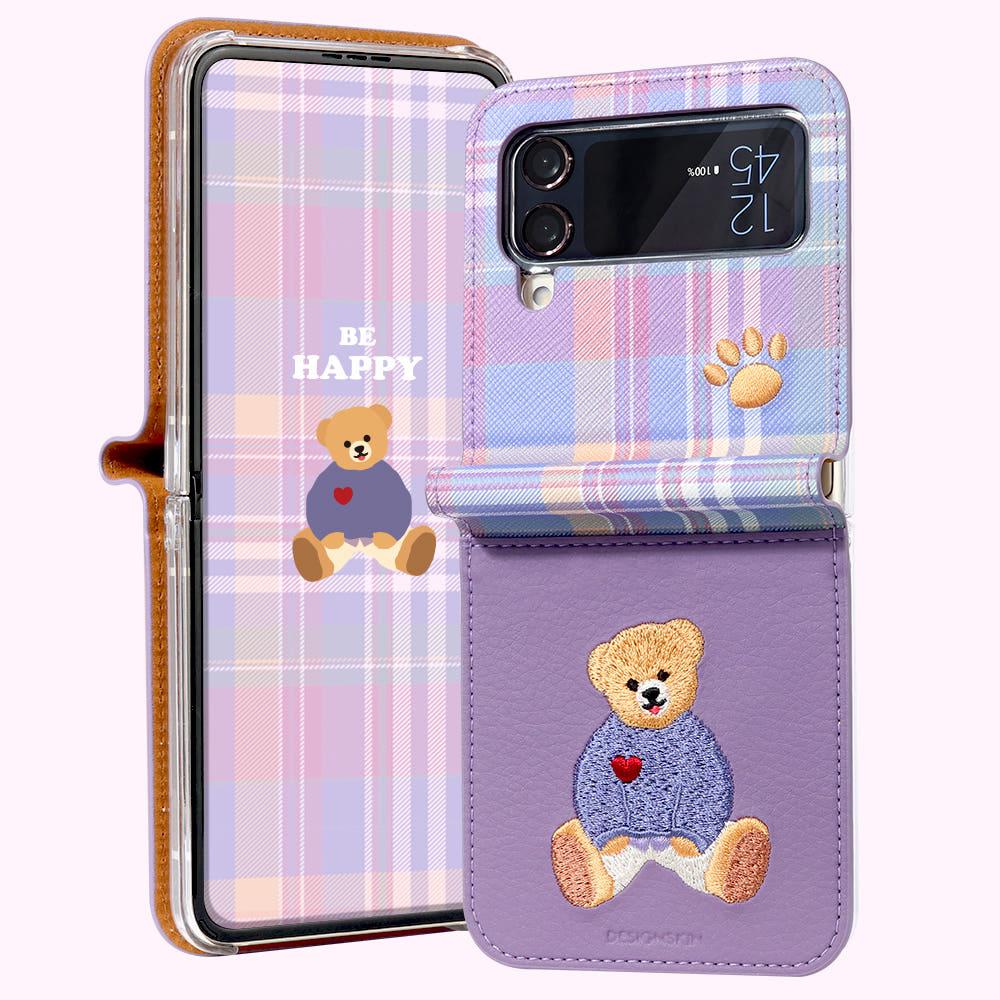 디자인스킨 갤럭시Z플립4 자수 하트 베어 케이스 바이올렛