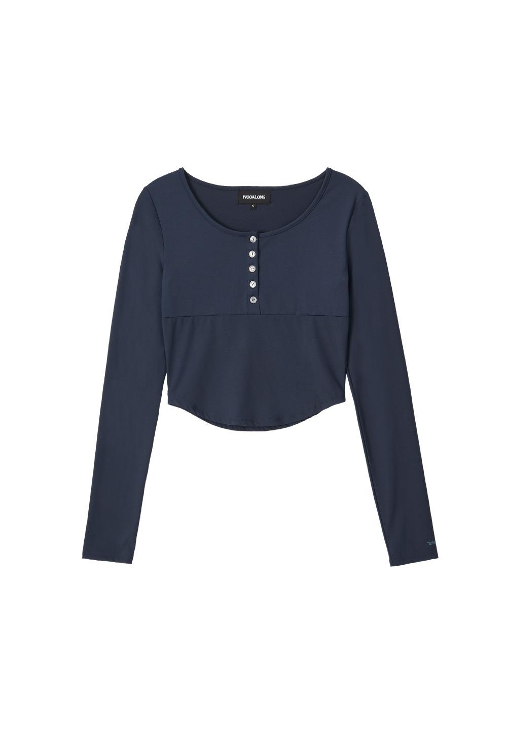 Nylon Buttoned Crop T-shirt [Fabric by ITALY] - NAVY