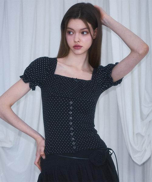 Dot Puff shirring T-shirt [Black]