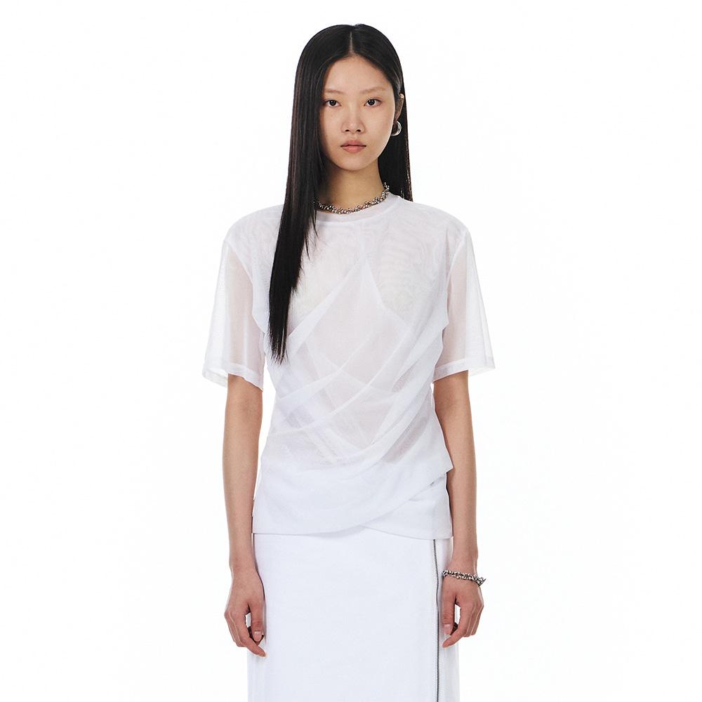 Mesh Oblique Shirring Top (White)