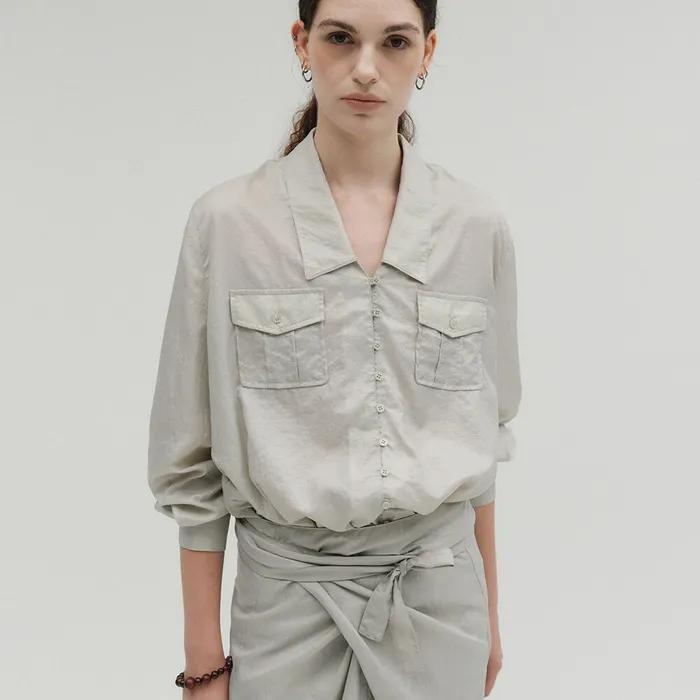 [3rd REORDER] POCKET BUTTON GLOSSY SHIRTS [BEIGE]