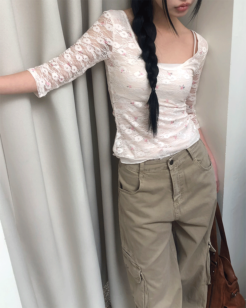 원더원더 [피크닉룩💕] 리오나 플라워 시스루  7부 티셔츠