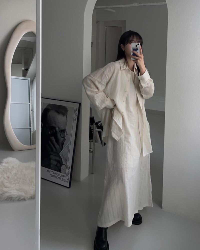 [단품가능] 시스루 코튼 셔츠 나시 원피스 세트 2color