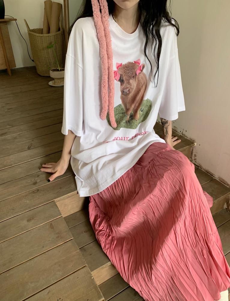 리본 카우 티 플리츠 스커트 코디