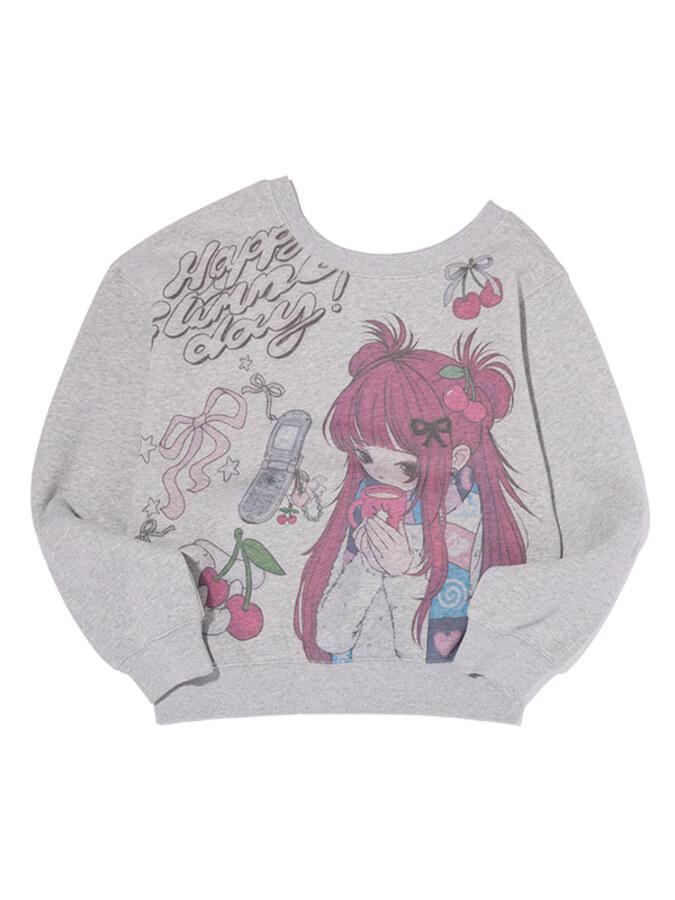 키르시 X 피투 그래픽 오프숄더 크롭 스웻셔츠 [멜란지 그레이]