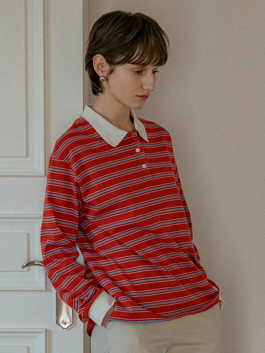 A3520 빈티지 스트라이프 칼라 티셔츠_Dark orange