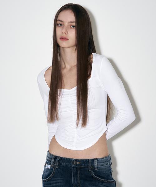 Darlin shirring Long Sleeve top (White)