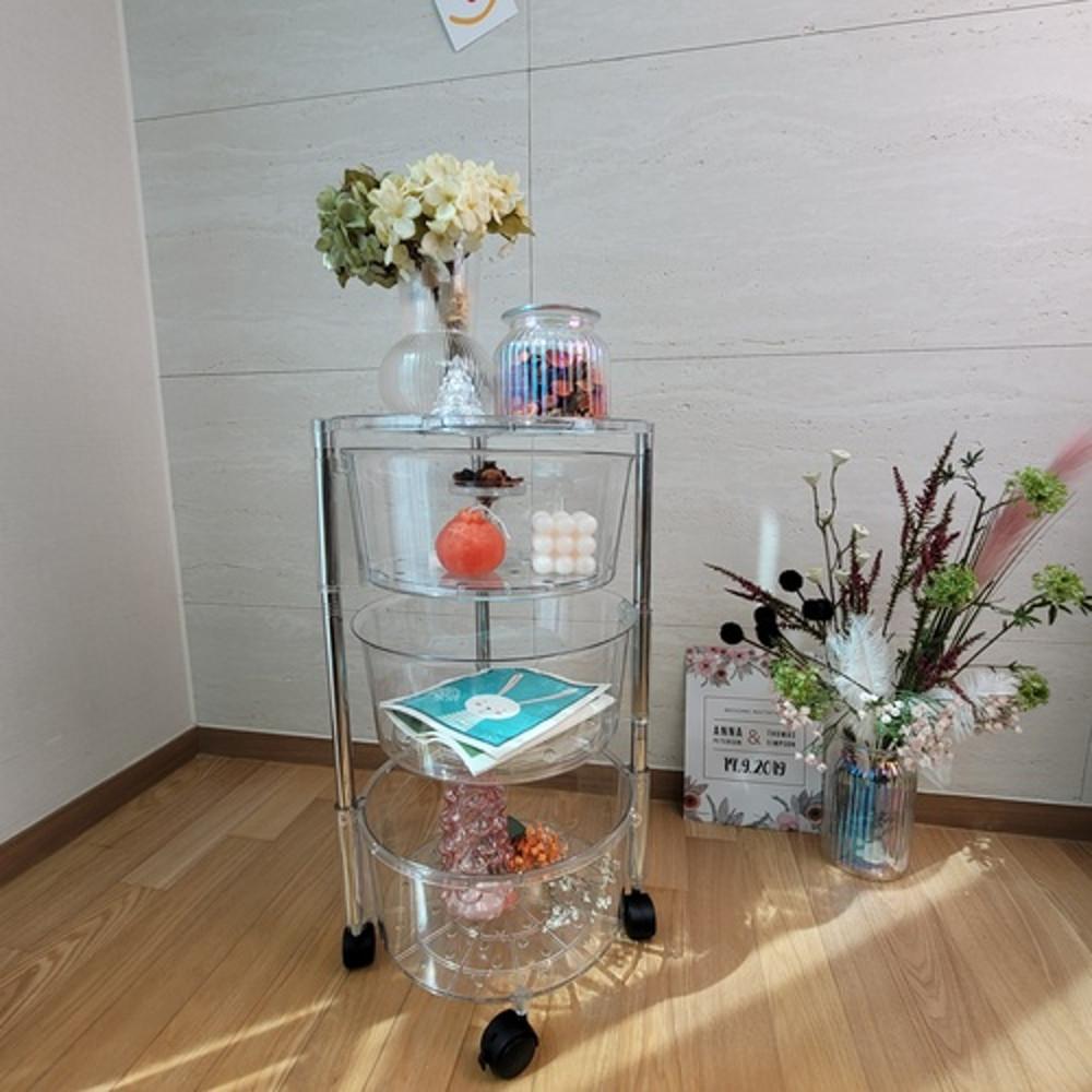 원형 투명 트롤리 이동식 선반 진열대 장난감 정리 수납 틈새 주방카트